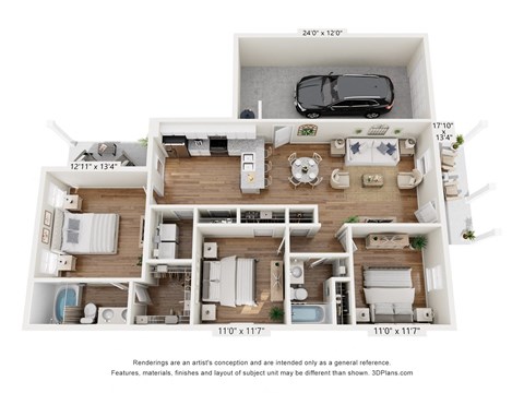 A 3D floor plan of a house with a car parked in the garage.
